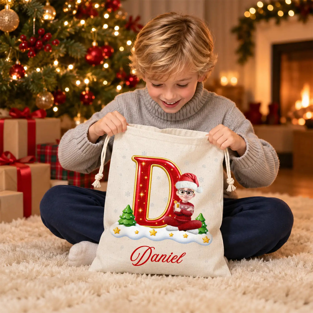 Top Market,Sentimental,Christmas,Family,Vector - Custom Name Christmas Initial Letter With Character Gift For Family Kids - Personalized Favor Bag
