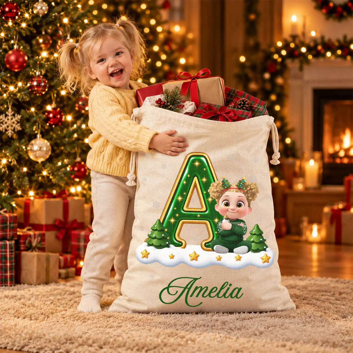 Top Market,Sentimental,Christmas,Family,Vector - Custom Name Christmas Initial Letter With Character Gift For Family Kids - Personalized Favor Bag