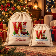 Top Market,Sentimental,Christmas,Family,Vector - Custom Name Christmas Initial Letter With Character Gift For Family Kids - Personalized Favor Bag