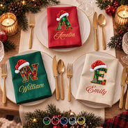 Top Market,Sentimental,Christmas,Family,Icon - Custom Name Christmas Plaid Santa Hat Initial Monogram Gift For Family - Personalized Reusable Napkin