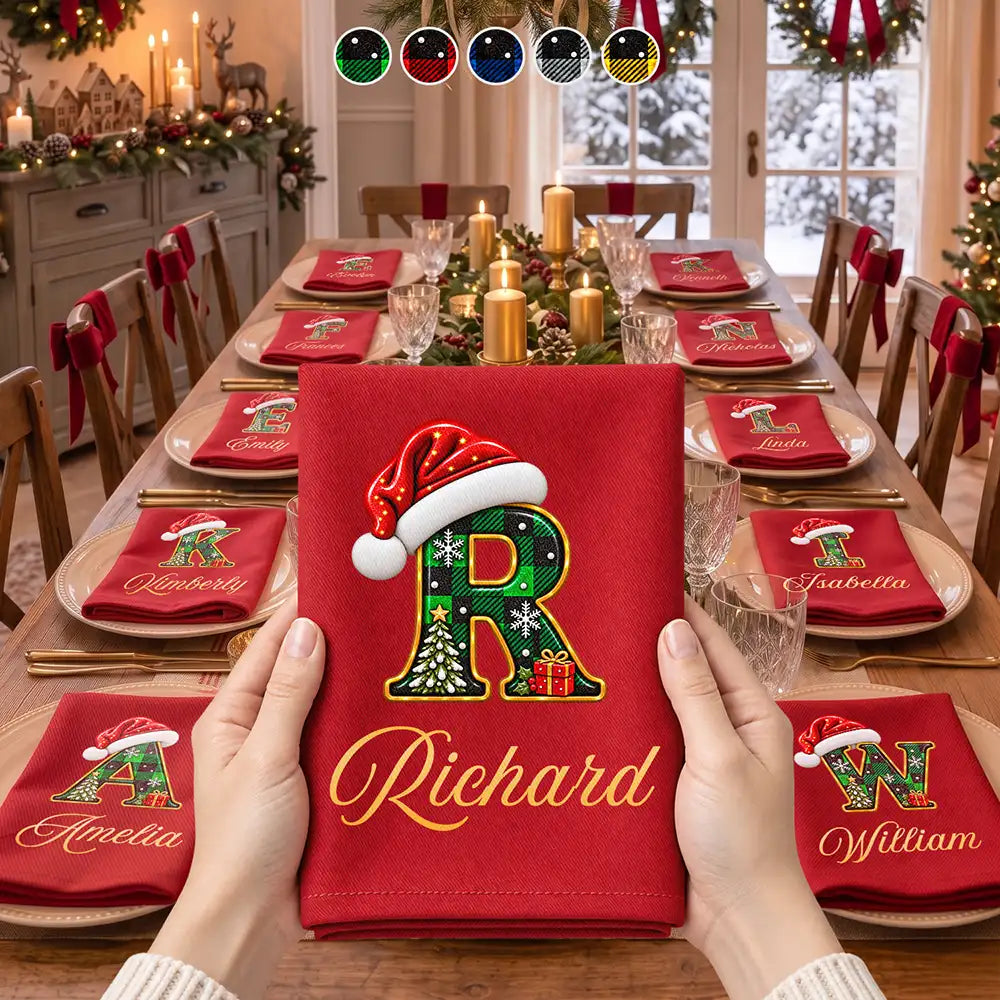 Top Market,Sentimental,Christmas,Family,Icon - Custom Name Christmas Plaid Santa Hat Initial Monogram Gift For Family - Personalized Reusable Napkin