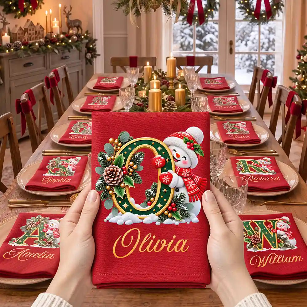 Top Market,Sentimental,Christmas,Family,Icon - Custom Name Christmas Snowman Initial Monogram Gift For Family - Personalized Reusable Napkin