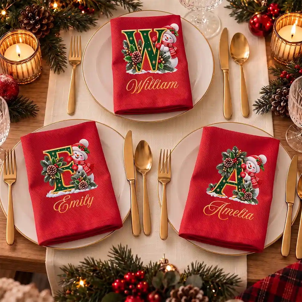 Top Market,Sentimental,Christmas,Family,Icon - Custom Name Christmas Snowman Initial Monogram Gift For Family - Personalized Reusable Napkin