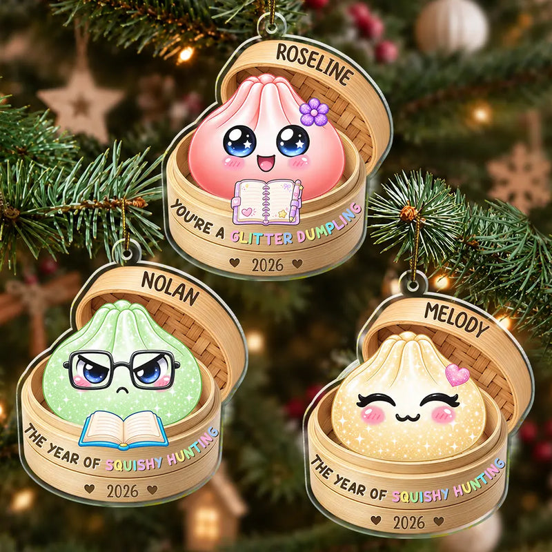 Playful,Christmas,Gift For Kids,Icon - Custom Name Cute Dumpling In Steamer Basket Squishy Hunting Gift For Kids - Personalized Custom Shaped Acrylic Ornament