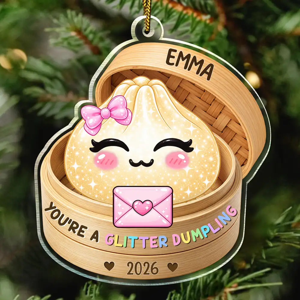 Playful,Christmas,Gift For Kids,Icon - Custom Name Cute Dumpling In Steamer Basket Squishy Hunting Gift For Kids - Personalized Custom Shaped Acrylic Ornament