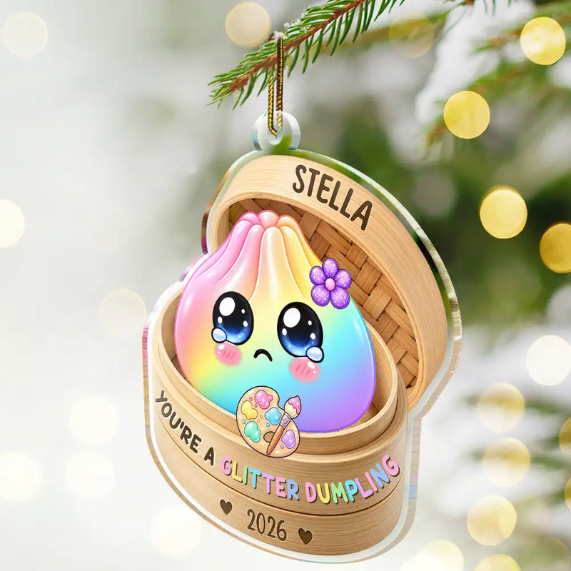 Playful,Christmas,Gift For Kids,Icon - Custom Name Cute Dumpling In Steamer Basket Squishy Hunting Gift For Kids - Personalized Custom Shaped Acrylic Ornament