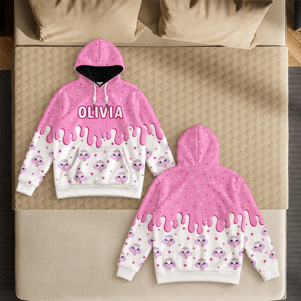 Playful,Christmas,Gift For Kids,Icon - Custom Name Dumpling Pattern Dripping Ice Cream Squishy Hunting Gift For Kids - Personalized Fleece Hoodie