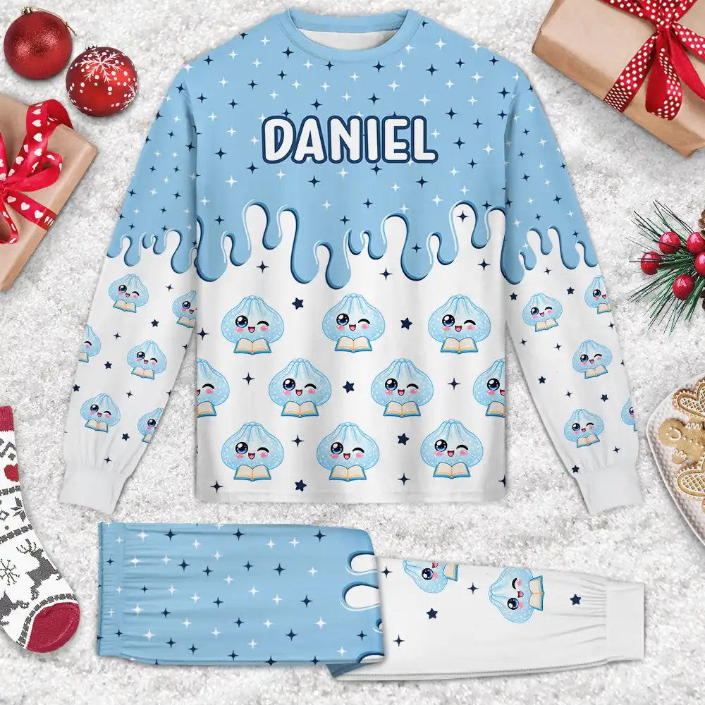 Playful,Christmas,Gift For Kids,Icon - Custom Name Dumpling Pattern Dripping Ice Cream Squishy Hunting Gift For Kids - Personalized Kid Pajamas Set