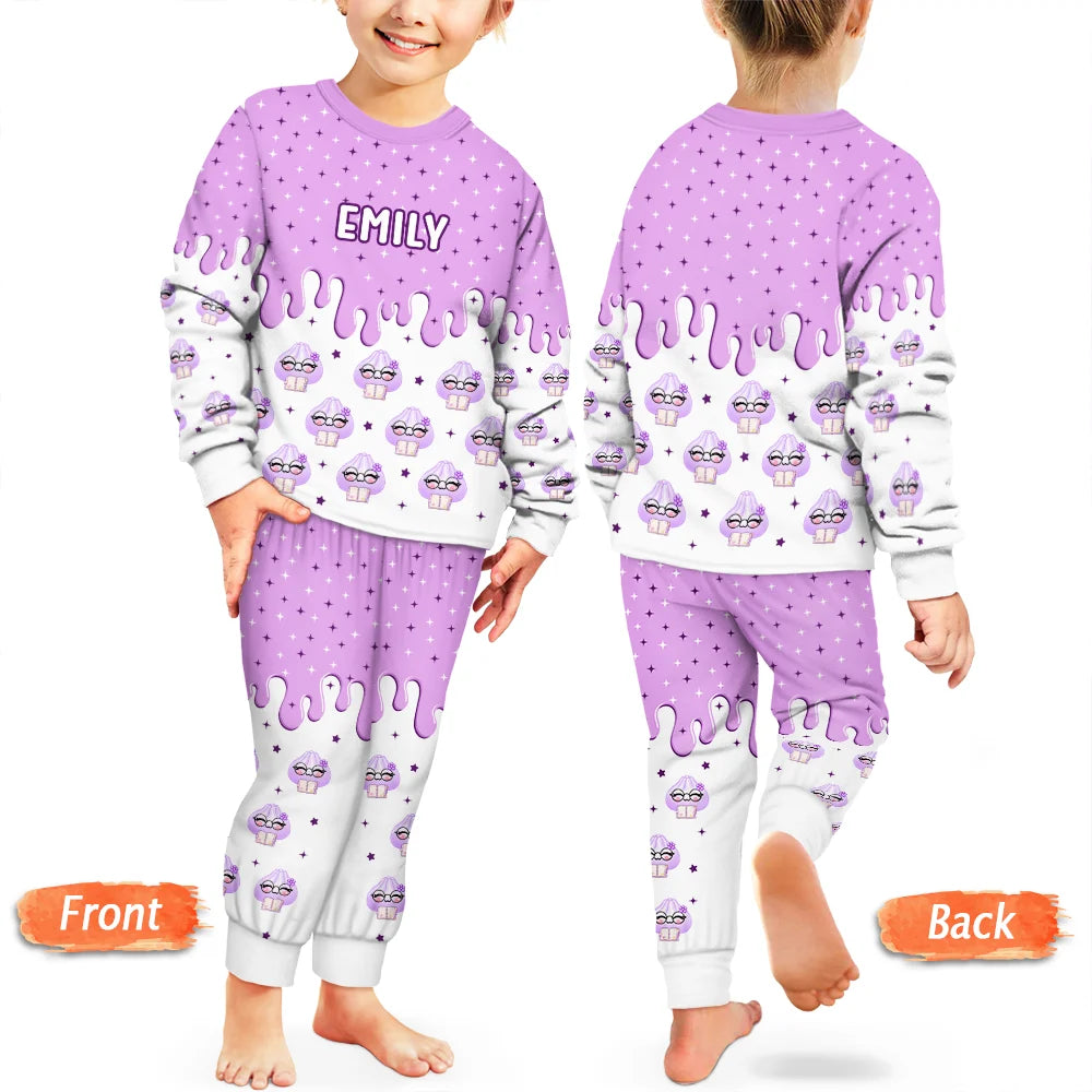 Playful,Christmas,Gift For Kids,Icon - Custom Name Dumpling Pattern Dripping Ice Cream Squishy Hunting Gift For Kids - Personalized Kid Pajamas Set