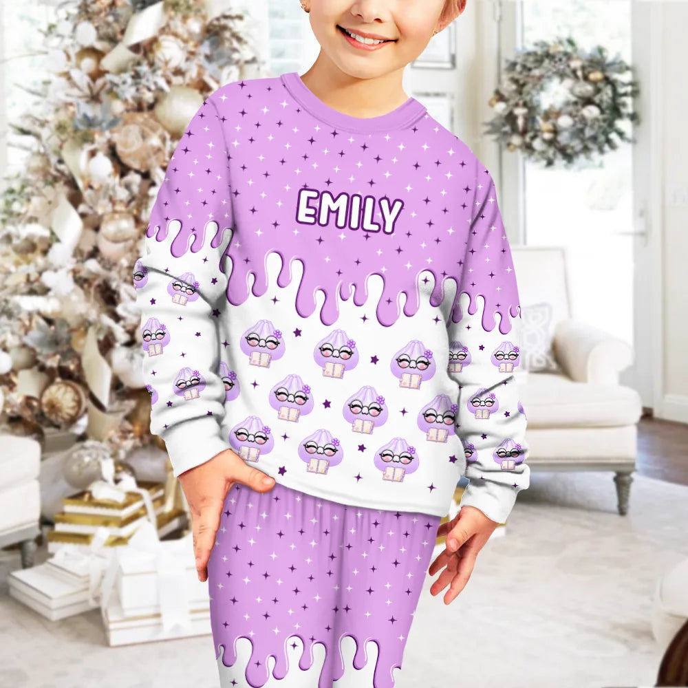 Playful,Christmas,Gift For Kids,Icon - Custom Name Dumpling Pattern Dripping Ice Cream Squishy Hunting Gift For Kids - Personalized Kid Pajamas Set