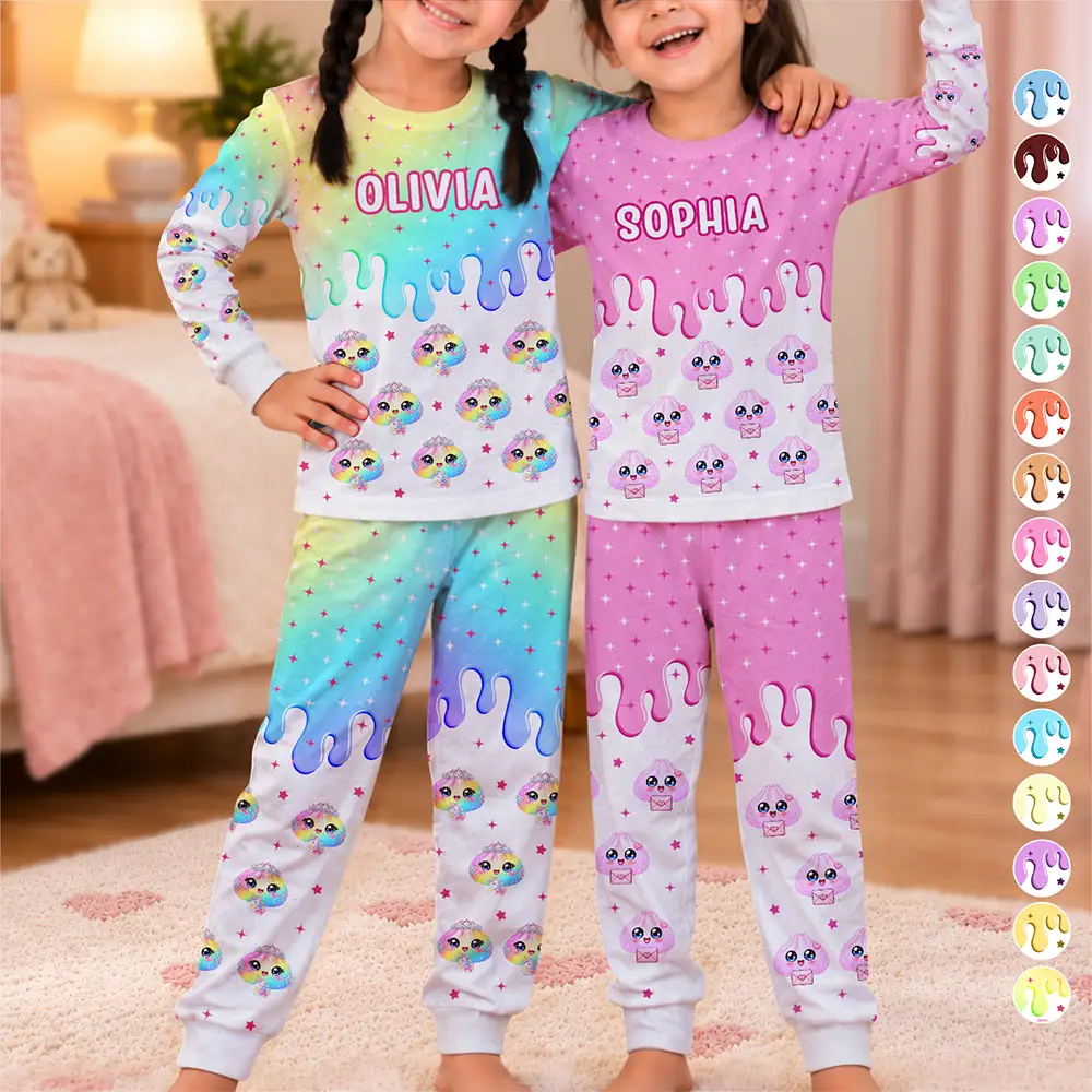 Playful,Christmas,Gift For Kids,Icon - Custom Name Dumpling Pattern Dripping Ice Cream Squishy Hunting Gift For Kids - Personalized Kid Pajamas Set