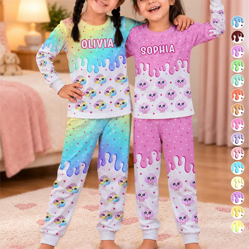 Playful,Christmas,Gift For Kids,Icon - Custom Name Dumpling Pattern Dripping Ice Cream Squishy Hunting Gift For Kids - Personalized Kid Pajamas Set