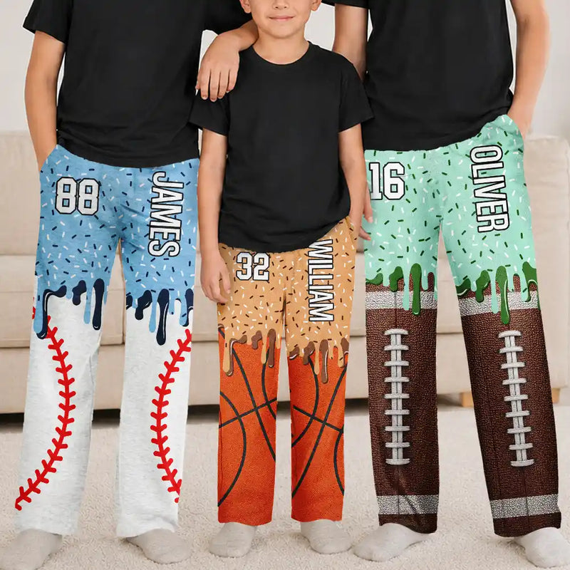 Baseball,Playful,Christmas,Gift For Kids,Custom Text - Custom Name Ice Cream Drip For Baseball Basketball Football Lovers - Personalized Kid Pajama Pants