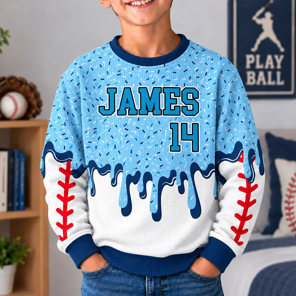 Baseball,Playful,Christmas,Gift For Kids,Custom Text - Custom Name Ice Cream Drip For Baseball Basketball Football Lovers - Personalized Unisex Ugly Sweater