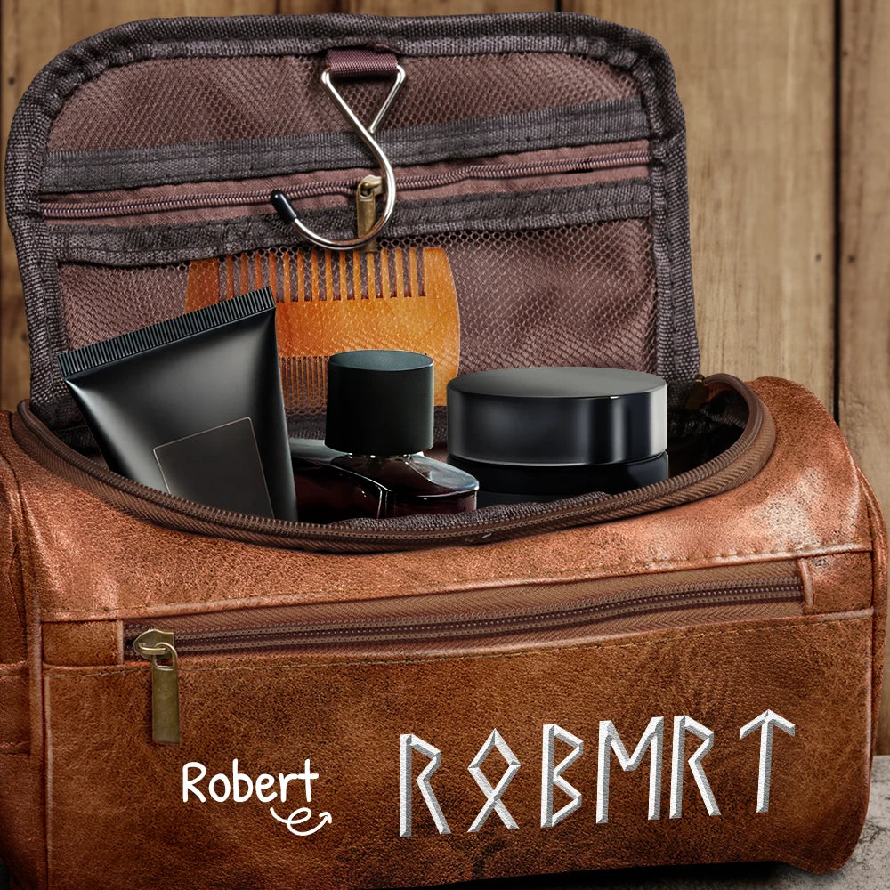 Gift For Yourself,Happy - Custom Name In Viking Runes Warrior Camping Hiking - Personalized Leather Toiletry Bag