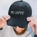 Gift For Yourself, Happy - Custom Name In Viking Runes Warrior Camping Hiking - Personalized Vintage Washed Denim Cap
