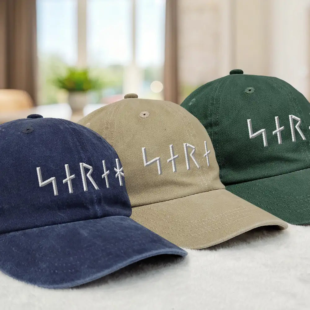 Gift For Yourself, Happy - Custom Name In Viking Runes Warrior Camping Hiking - Personalized Vintage Washed Denim Cap