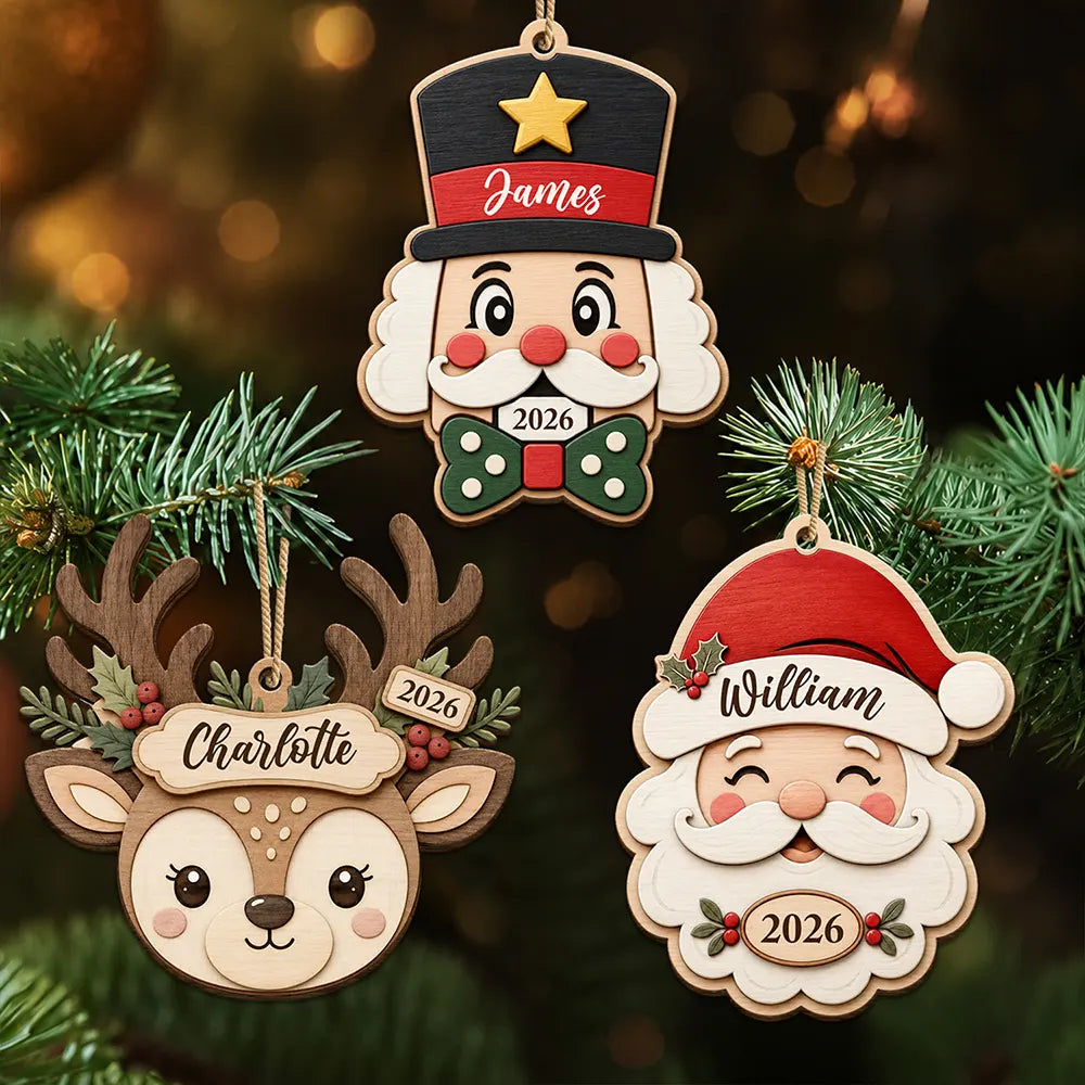 Custom Name Santa Snowman Penguin Family - Personalized Custom Shaped Wooden Ornament