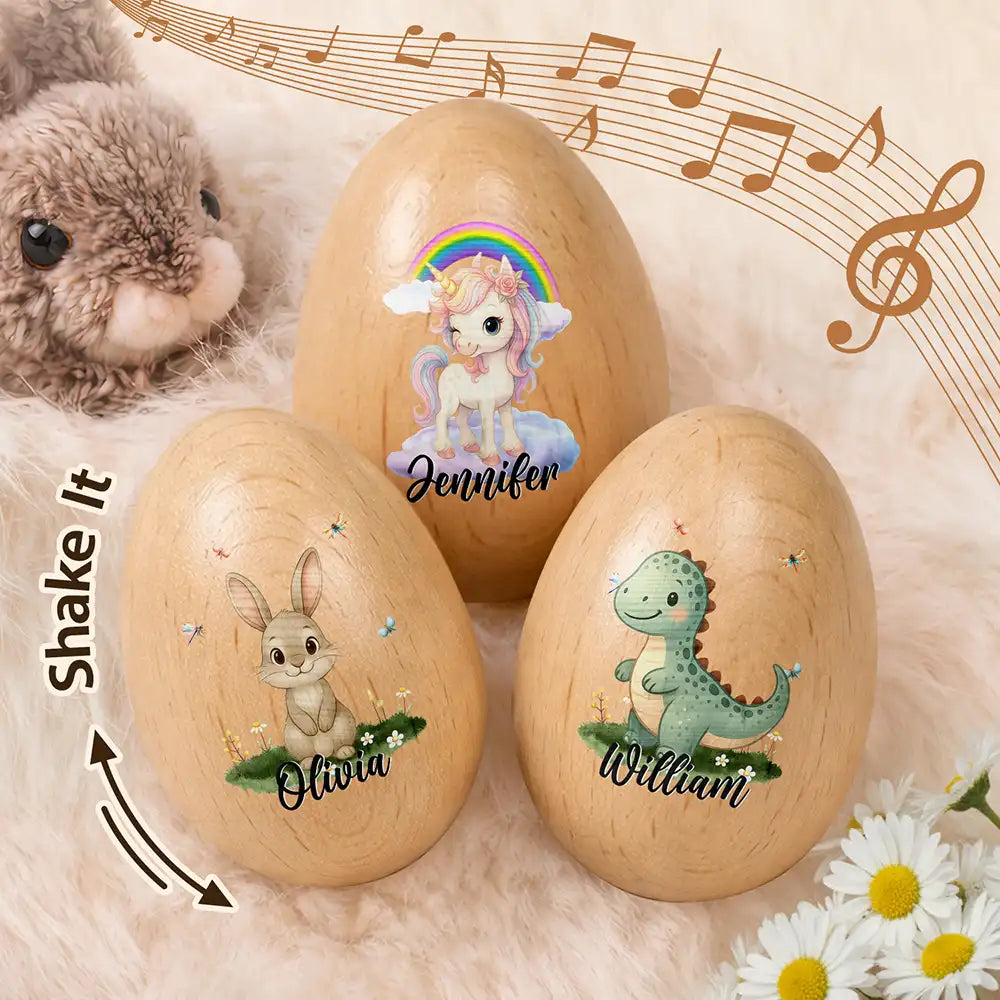 Custom Name With Adorable Animal - Personalized Musical Wooden Easter Egg Shaker