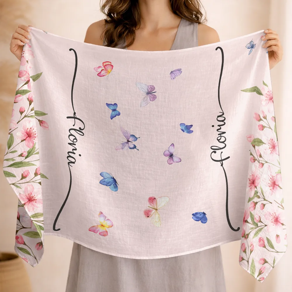 Gift For Mother,Gift For Grandma,Gift For Women,Happy - Custom Name With Birth Month Flower - Personalized Lightweight Soft Shawl