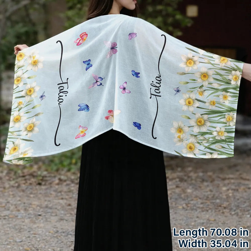 Gift For Mother,Gift For Grandma,Gift For Women,Happy - Custom Name With Birth Month Flower - Personalized Lightweight Soft Shawl
