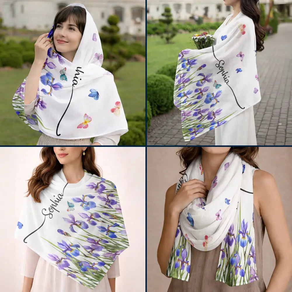 Gift For Mother,Gift For Grandma,Gift For Women,Happy - Custom Name With Birth Month Flower - Personalized Lightweight Soft Shawl