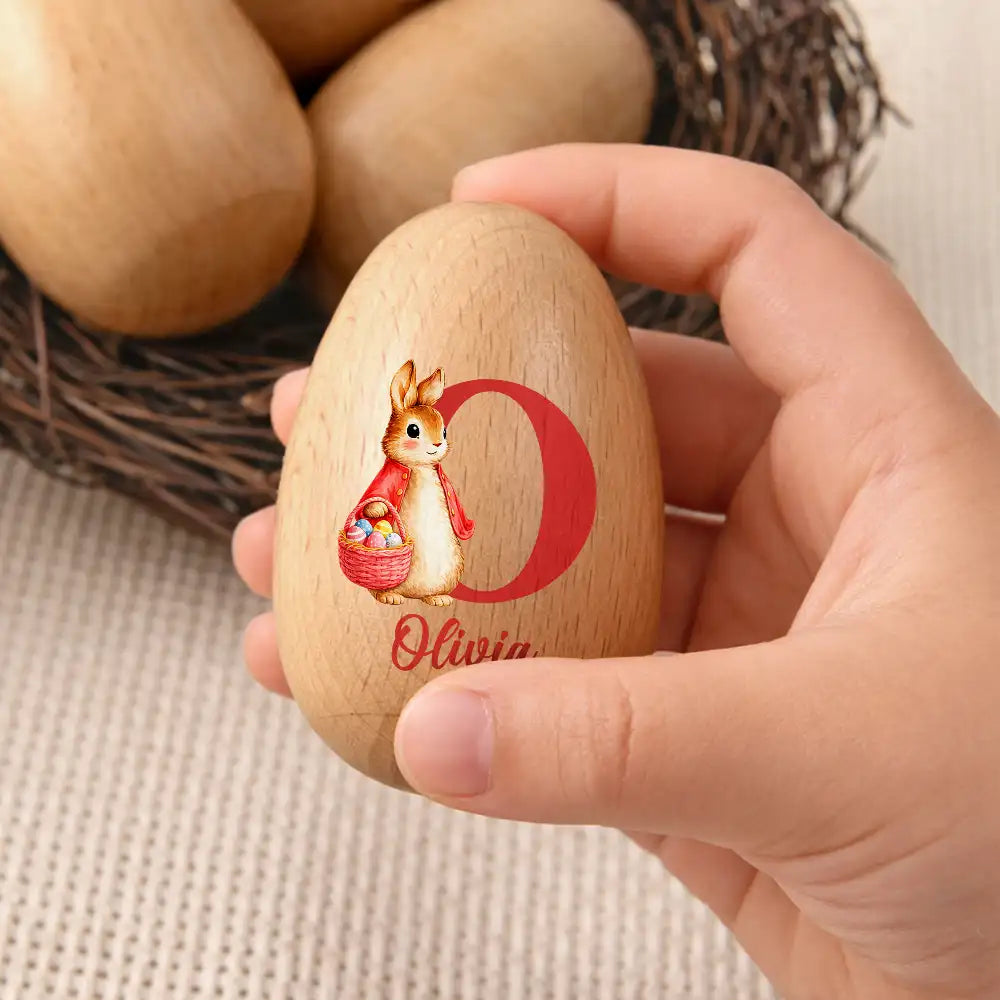 Easter,Non-Eng,Gift For Kids,Gift For Grandkids,Grandma - Grandkids,Grandpa - Grandkids,Dad - Children,Mom - Children,Happy - Custom Name With Bunny Holding An Egg Basket - Personalized Musical Wooden Easter Egg Shaker