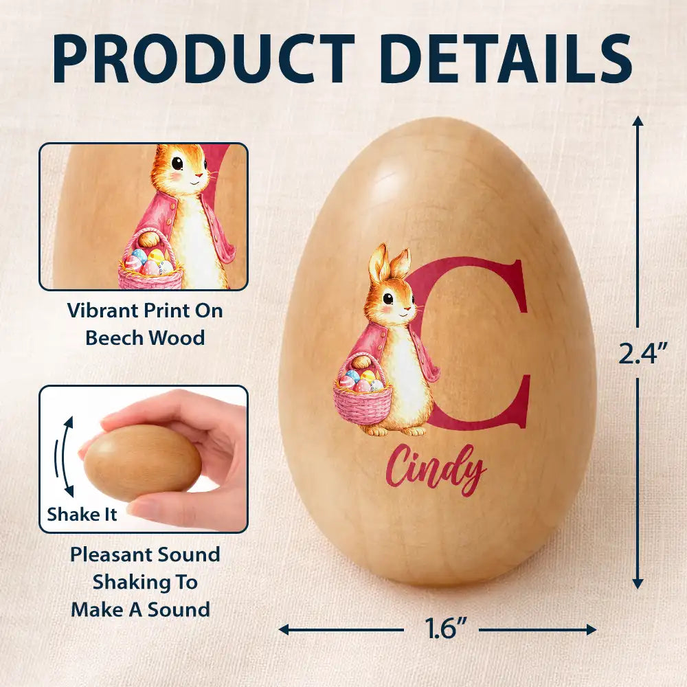 Easter,Non-Eng,Gift For Kids,Gift For Grandkids,Grandma - Grandkids,Grandpa - Grandkids,Dad - Children,Mom - Children,Happy - Custom Name With Bunny Holding An Egg Basket - Personalized Musical Wooden Easter Egg Shaker