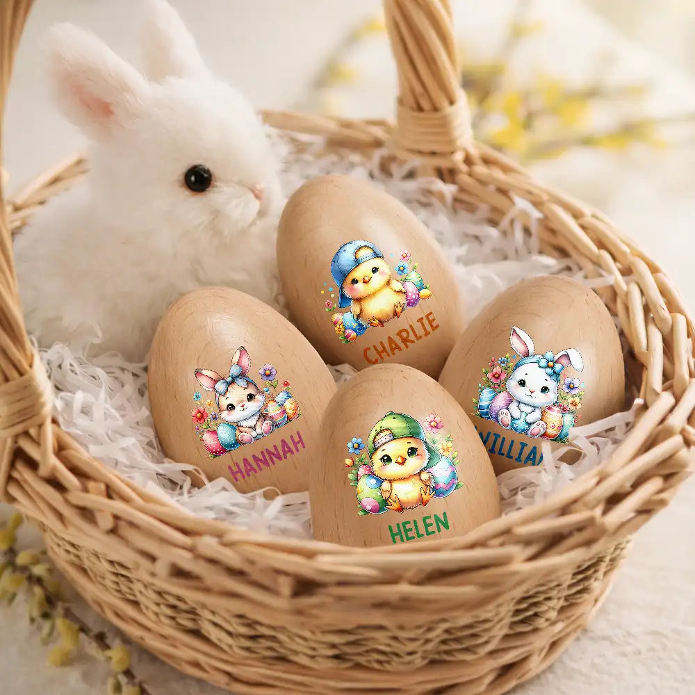Easter,Non-Eng,Gift For Kids,Gift For Grandkids,Grandma - Grandkids,Grandpa - Grandkids,Dad - Children,Mom - Children,Happy - Custom Name With Watercolor Bunny Chicken - Personalized Musical Wooden Easter Egg Shaker
