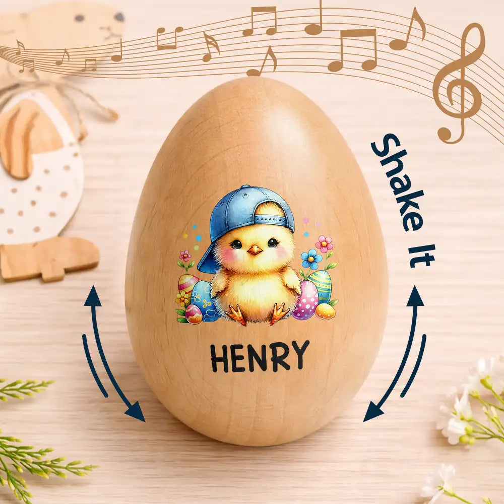 Easter,Non-Eng,Gift For Kids,Gift For Grandkids,Grandma - Grandkids,Grandpa - Grandkids,Dad - Children,Mom - Children,Happy - Custom Name With Watercolor Bunny Chicken - Personalized Musical Wooden Easter Egg Shaker