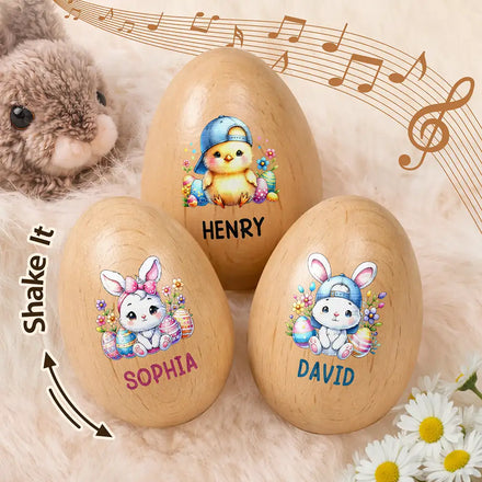 Custom Name With Watercolor Bunny Chicken - Personalized Musical Wooden Easter Egg Shaker