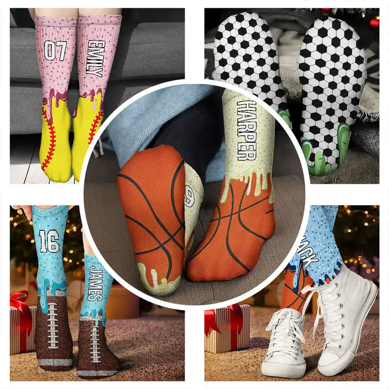 Top Market,Baseball,Playful,Christmas,Gift For Kids,Custom Text - Custom Name & Number Ice Cream Drip For Baseball Basketball Football Lovers - Personalized Socks