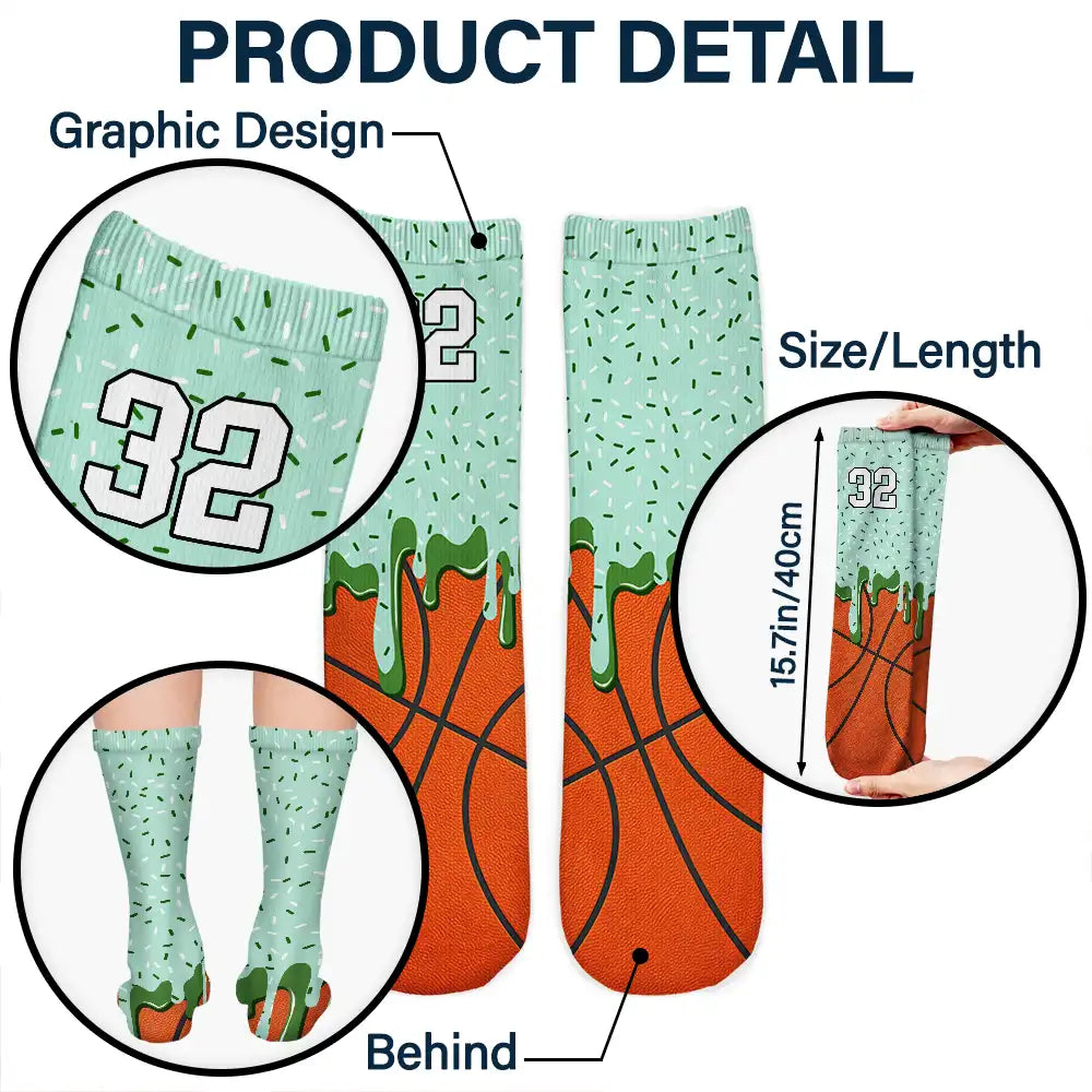 Top Market,Baseball,Playful,Christmas,Gift For Kids,Custom Text - Custom Name & Number Ice Cream Drip For Baseball Basketball Football Lovers - Personalized Socks