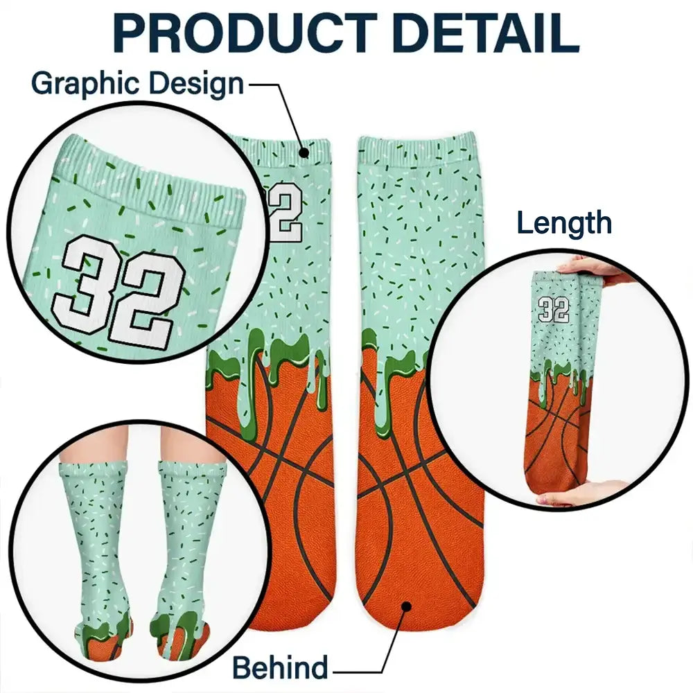 Top Market,Baseball,Playful,Christmas,Gift For Kids,Custom Text - Custom Name & Number Ice Cream Drip For Baseball Basketball Football Lovers - Personalized Socks