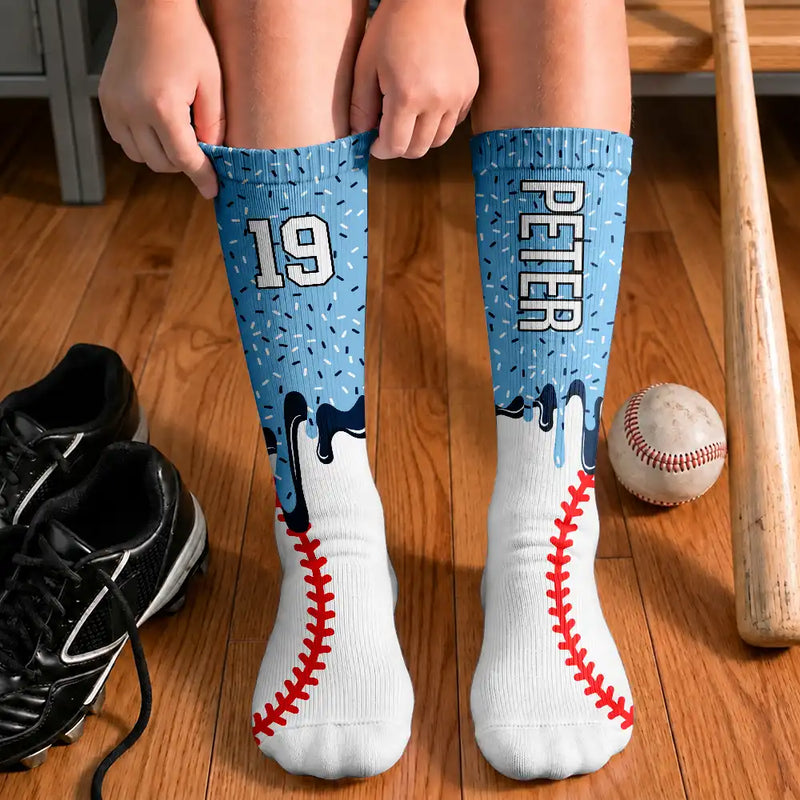 Top Market,Baseball,Playful,Christmas,Gift For Kids,Custom Text - Custom Name & Number Ice Cream Drip For Baseball Basketball Football Lovers - Personalized Socks