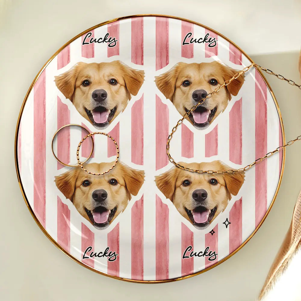Pet Lovers,Pet Mom,Pet Dad,Pet Couple,Dog Lovers,Dog Mom,Dog Dad,Dog Couple,Cat Lovers,Cat Mom,Cat Dad,Cat Couple,Happy - Custom Outline Photo Pet Portrait Stripe Style - Personalized Ring Dish