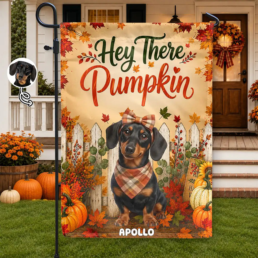 Art Design,Playful,Pet Lovers,Photo - 3D Human Pet Autumn Theme - Custom Photo 3D Autumn Concept Hey There Pumpkin Fall Vibe - Personalized Flag
