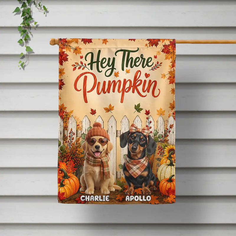 Art Design,Playful,Pet Lovers,Photo - 3D Human Pet Autumn Theme - Custom Photo 3D Autumn Concept Hey There Pumpkin Fall Vibe - Personalized Flag