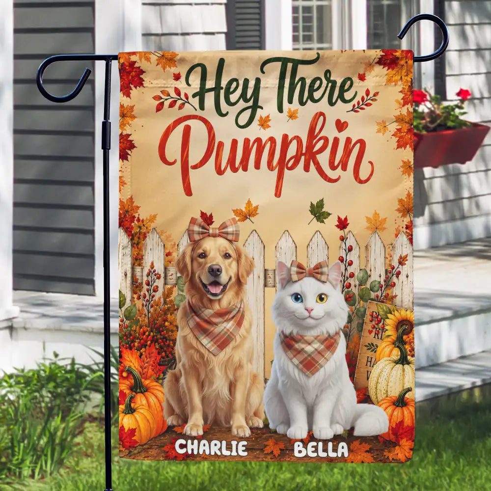 Art Design,Playful,Pet Lovers,Photo - 3D Human Pet Autumn Theme - Custom Photo 3D Autumn Concept Hey There Pumpkin Fall Vibe - Personalized Flag