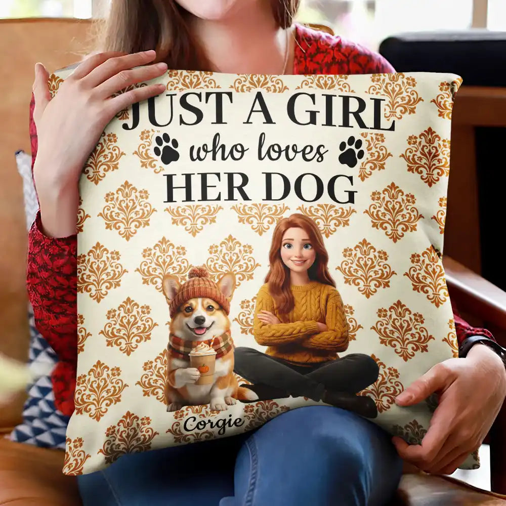 Art Design,Confident,Pet Lovers,Photo - 3D Human Pet Autumn Theme - Custom Photo 3D Autumn Concept Just A Girl Who Loves Her Dog - Personalized Pillow