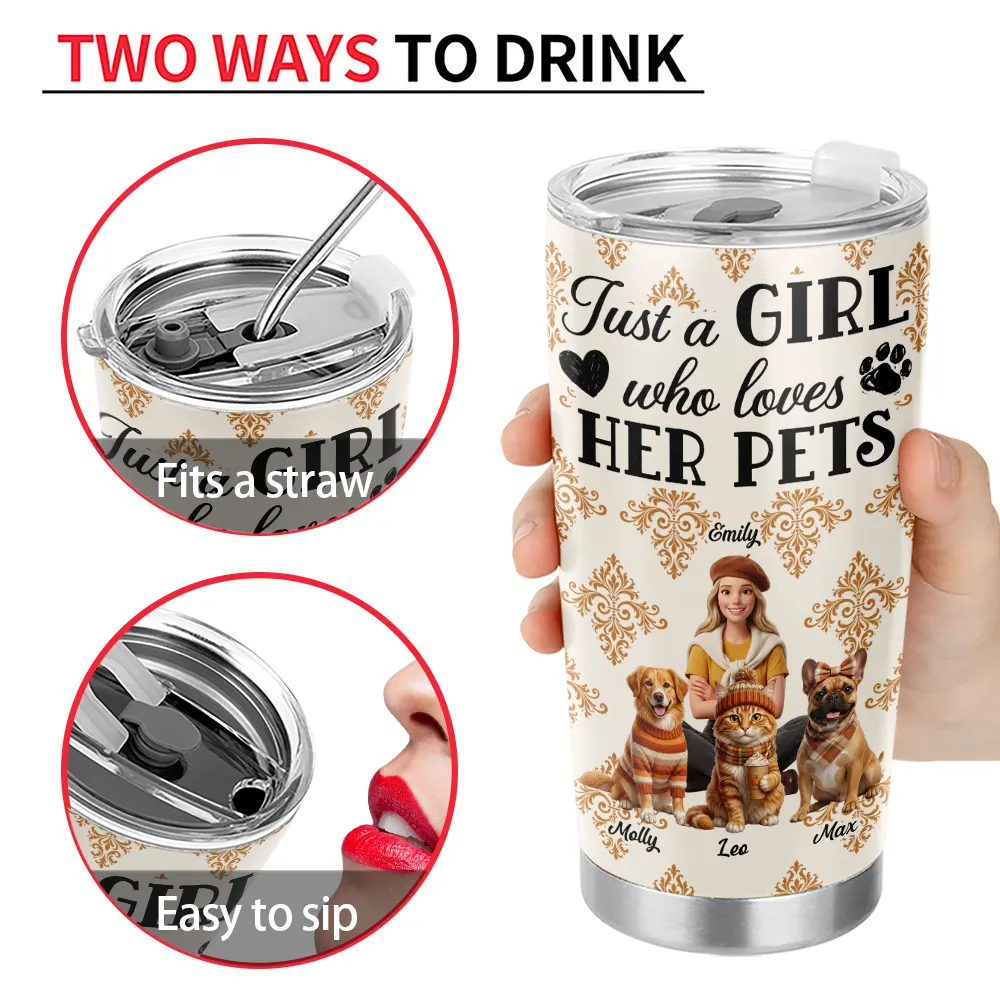Art Design,Confident,Pet Lovers,Photo - 3D Human Pet Autumn Theme - Custom Photo 3D Autumn Concept Just A Girl Who Loves Her Dog - Personalized Tumbler
