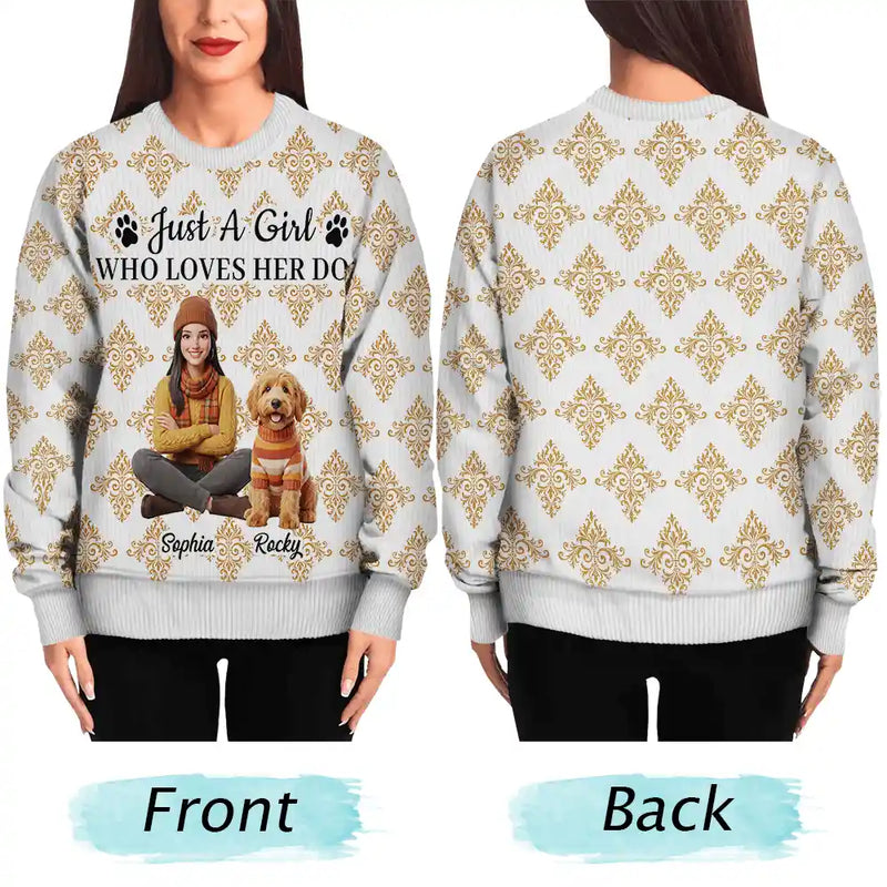 Art Design,Confident,Pet Lovers,Photo - 3D Human Pet Autumn Theme -Custom Photo 3D Autumn Concept Just A Girl Who Loves Her Dog - Personalized Unisex Ugly Sweater