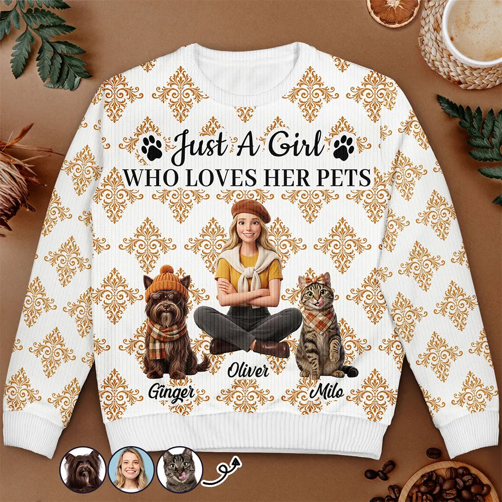 Art Design,Confident,Pet Lovers,Photo - 3D Human Pet Autumn Theme -Custom Photo 3D Autumn Concept Just A Girl Who Loves Her Dog - Personalized Unisex Ugly Sweater