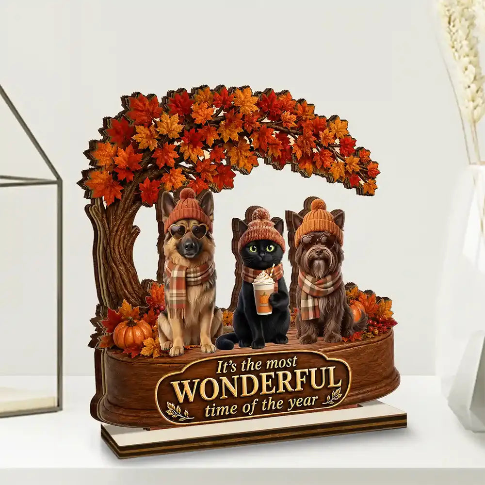Art Design,Cozy,Pet Lovers,Photo - 3D Human Pet Autumn Theme - Custom Photo 3D Autumn Concept Most Wonderful Time Of The Year - Personalized Custom Shaped Wooden Plaque