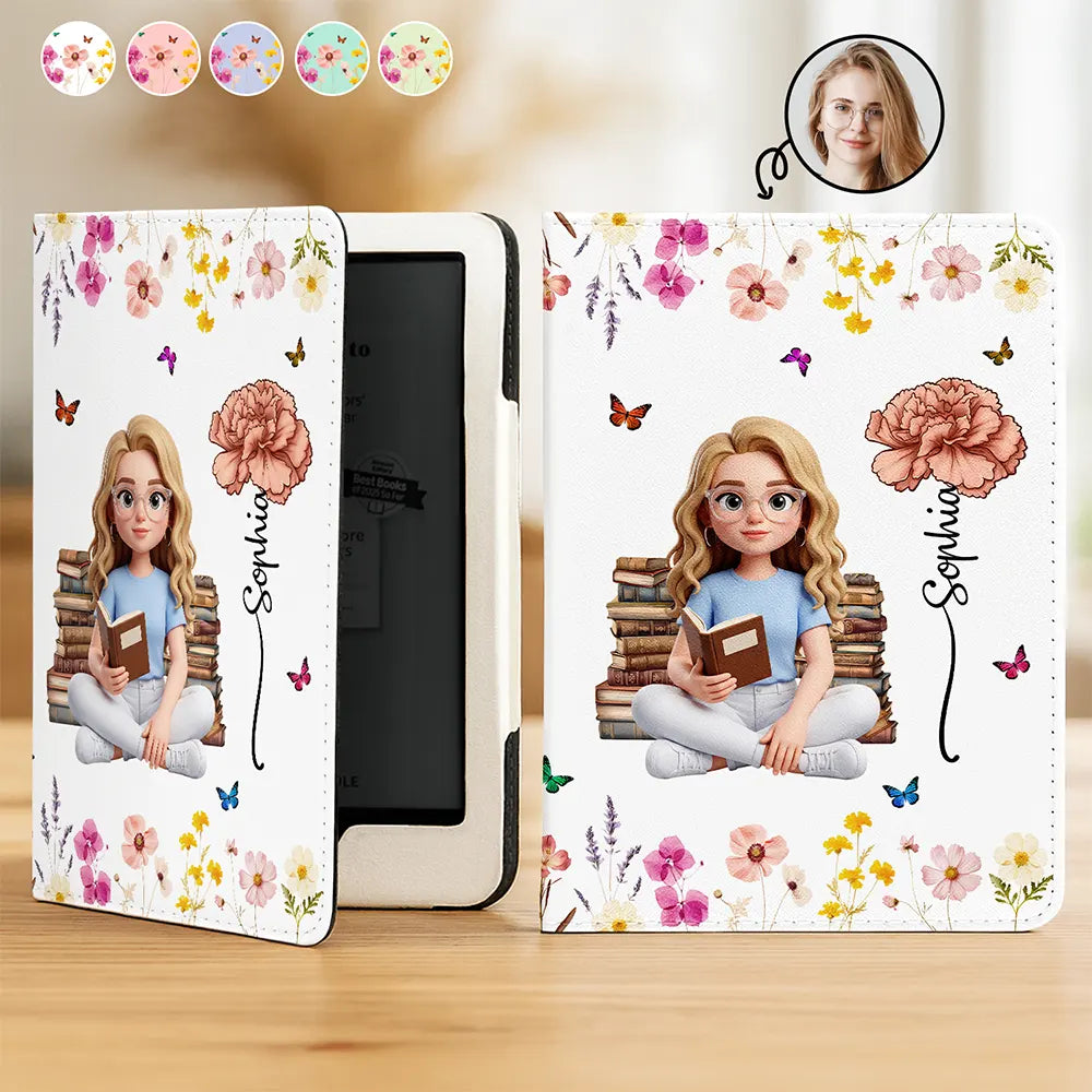 Art Design,Christmas,Cozy,Reading,Gift For Yourself,Photo - 3D Reading Woman & Man - Custom Photo 3D Book Lover Birth Month Flower - Personalized Kindle Paperwhite Case Kickstand