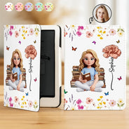 Art Design,Christmas,Cozy,Reading,Gift For Yourself,Photo - 3D Reading Woman & Man - Custom Photo 3D Book Lover Birth Month Flower - Personalized Kindle Paperwhite Case Kickstand