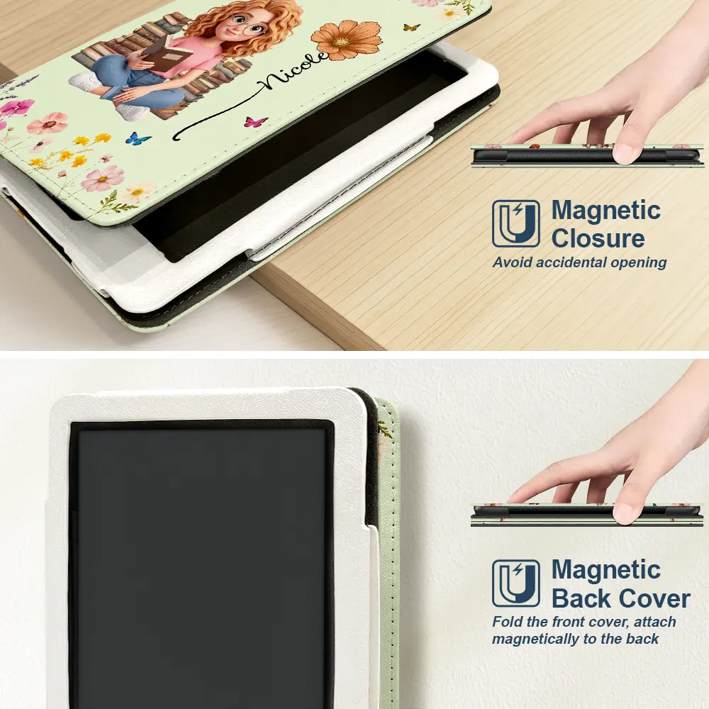Art Design,Christmas,Cozy,Reading,Gift For Yourself,Photo - 3D Reading Woman & Man - Custom Photo 3D Book Lover Birth Month Flower - Personalized Kindle Paperwhite Case Kickstand