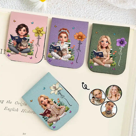 Custom Photo 3D Book Lover Birth Month Flowers - Personalized Leather Magnetic Bookmark