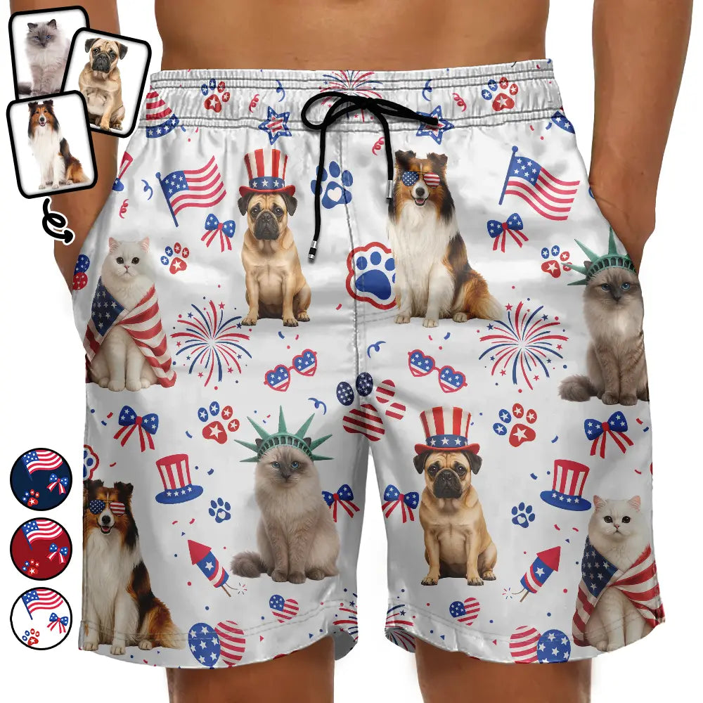 Custom Photo, Art Design, Summer, Pet Lovers, Playful, Photo - US Theme Accessories 3D Cartoon - Custom Photo 3D Cartoon With US Accessories Happy Summer Dog Cat Pet - Personalized Unisex Beach Shorts