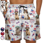 Custom Photo, Art Design, Summer, Pet Lovers, Playful, Photo - US Theme Accessories 3D Cartoon - Custom Photo 3D Cartoon With US Accessories Happy Summer Dog Cat Pet - Personalized Unisex Beach Shorts